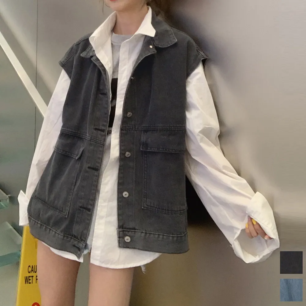 レディースデニムベスト 韓国風ノースリーブジレ 着痩せ効果 春夏秋冬対応 レイヤードコーディネート オーバーデニムトップス
