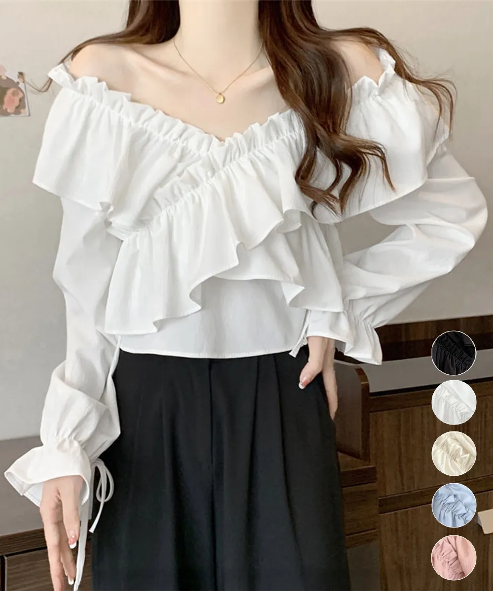 フリルブラウス オフショルダー2wayクロスデザイン 韓国風大人可愛いVネック薄手着やせ フェミニン長袖トップス フレア袖ギャザー | 春夏ガーリーコーデにブラック/ホワイト/アイボリー/ブルー/ピンク