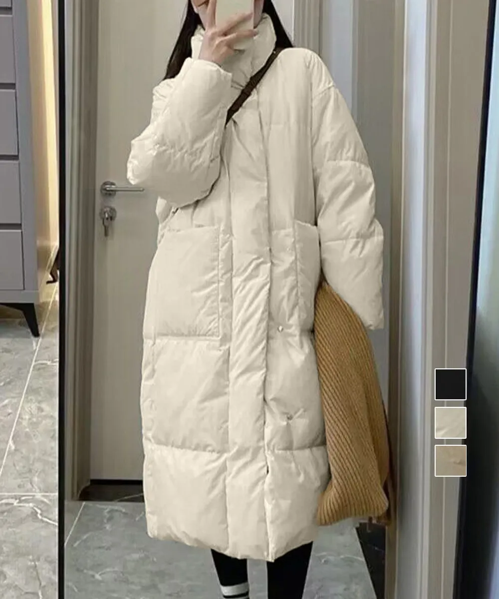 フェイクダウンロングコート 中綿でしっかり防寒！体型カバー韓国風ゆったり保温アウター スタンドハイネックデザイン 黒アイボリーベージュ M/Lサイズ選べる冬定番
