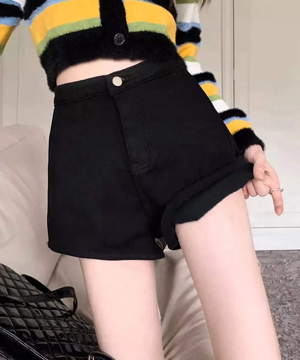 裏起毛ハイウエストデニムショートパンツ レディース秋冬用 スリムミニ丈ホットパンツ 着やせ美脚デザイン