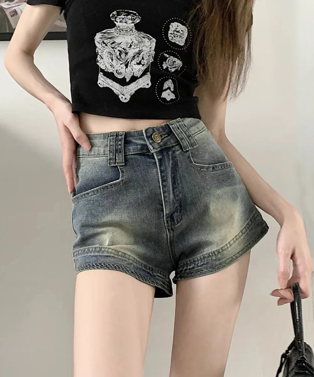 【美脚効果】ウォッシュデニムショートパンツ レディース ハイウエストで脚長&細見え ハンサム韓国風カジュアルジーンズ