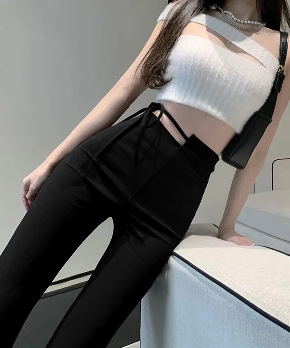 フレアスキニーパンツ ウエストカットアウトデザイン｜美脚・脚長・美尻効果 ストレッチ 黒 S/M/L｜春夏秋 韓国風無地ロングパンツ 着やせ レディースファッション