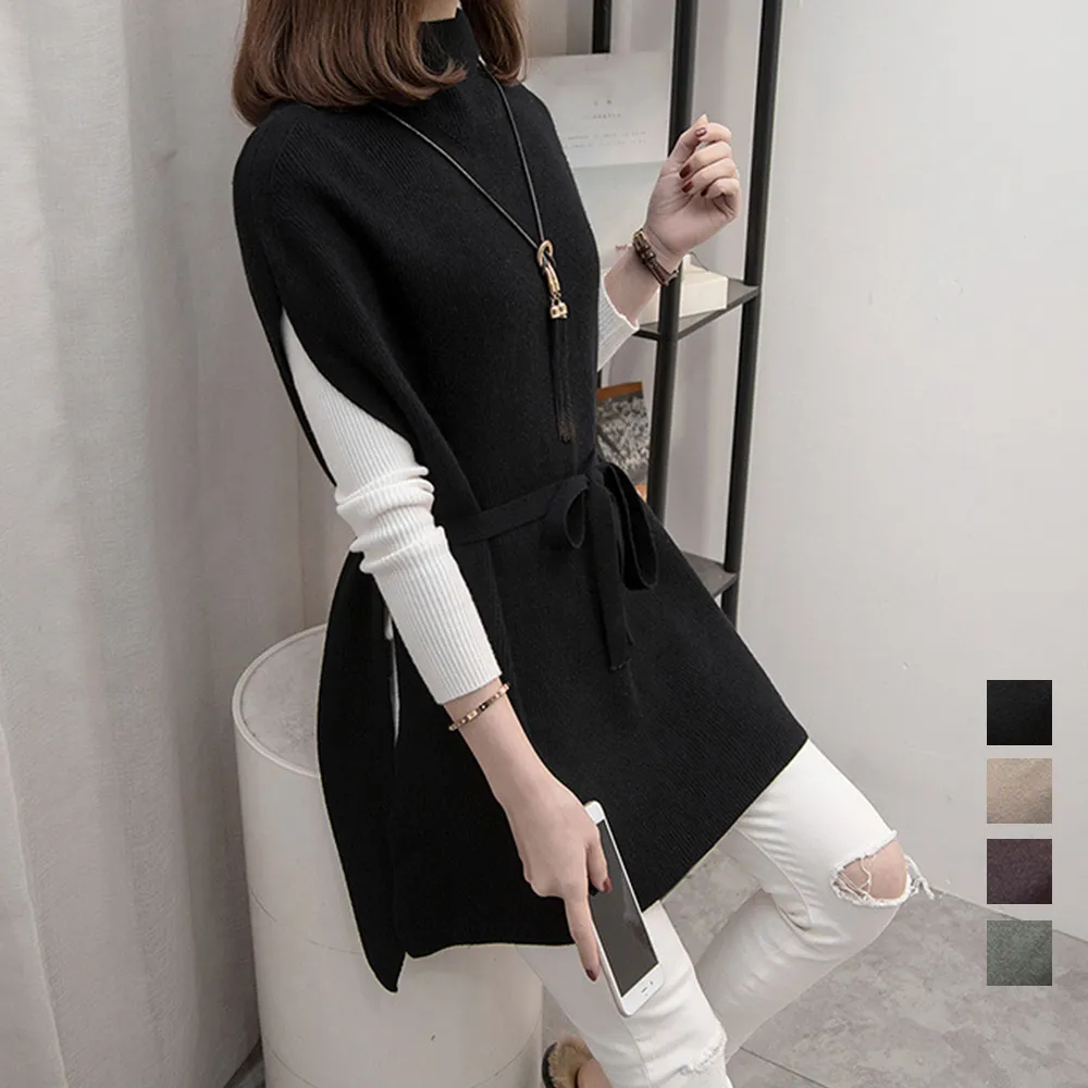ノースリーブニットチュニック 韓国風プチハイネック体型カバー大人カジュアルロングニットベスト 秋冬服 黒/モカ/アイビーグレー/ダークブラウン