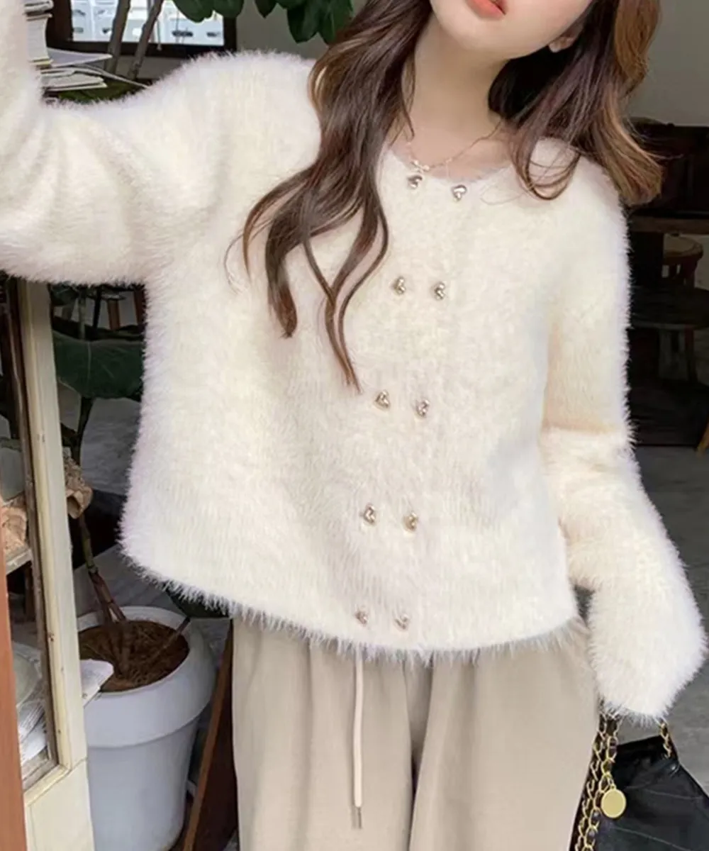 ミンクタッチカーディガン モヘアセーター 韓国風 レディース 秋冬アウター 暖かくて着膨れしない 大人可愛い ハートボタン