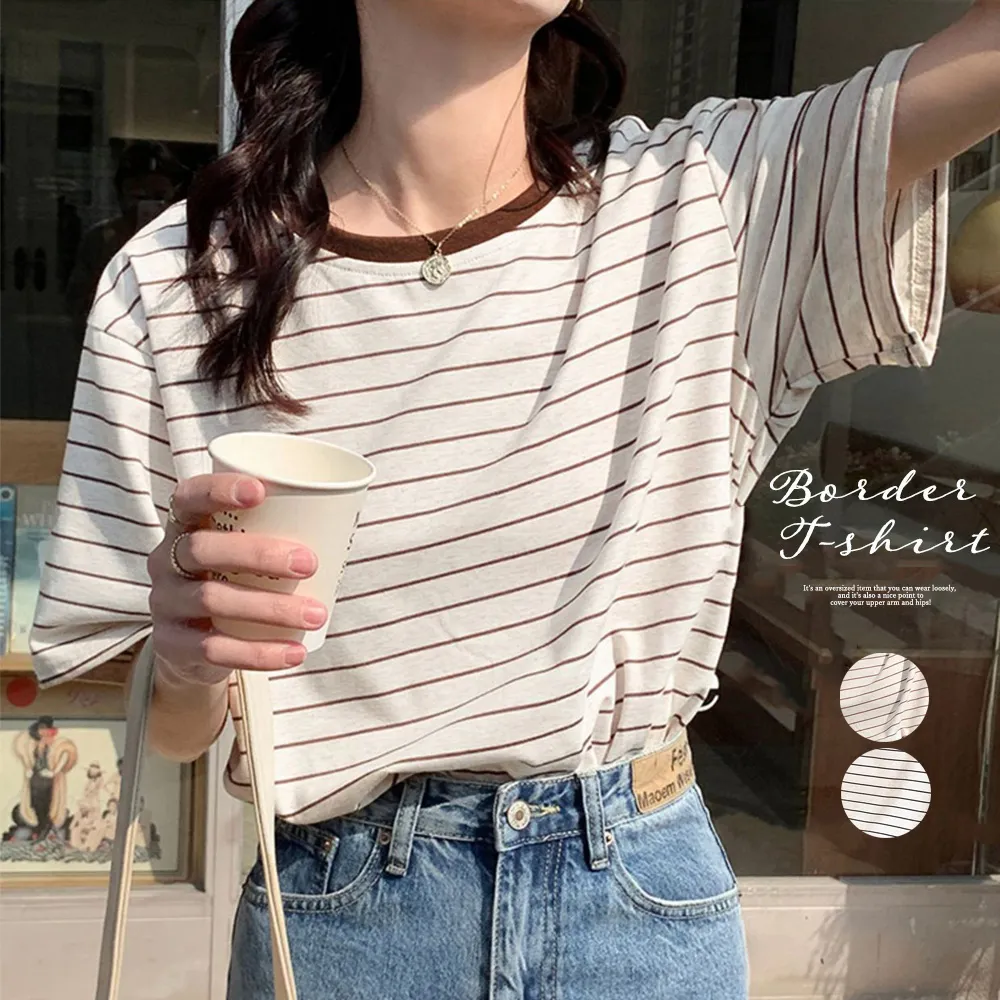 レディース半袖ボーダー柄Tシャツ｜ゆるシルエット クルーネック カジュアルオフィスカジュアルシンプルおしゃれ 女性らしい着こなし可能 ポリエステル綿混合素材