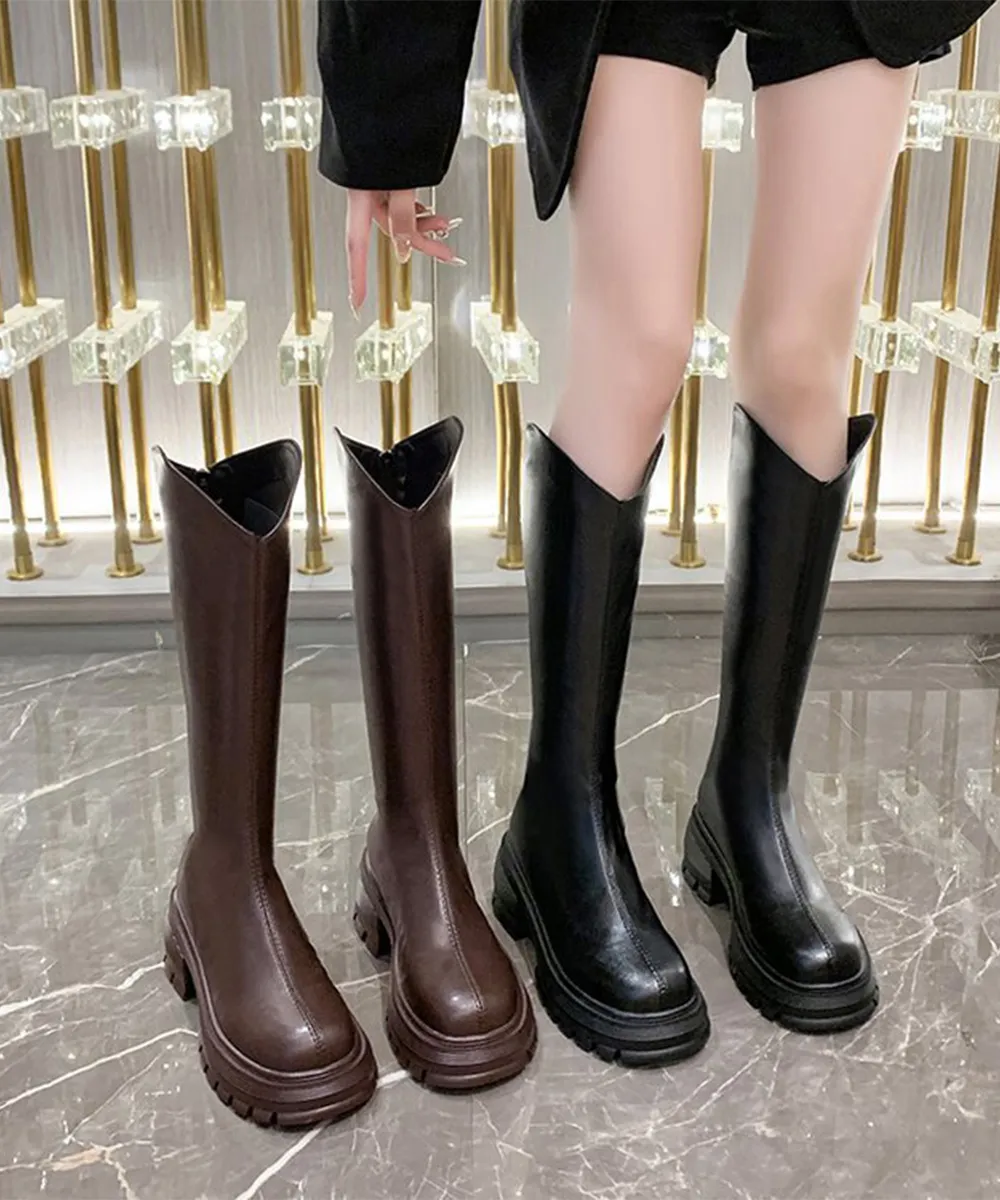 ロングブーツ 厚底チャンキーヒール 韓国風美脚 足元スタイルアップ 履きやすい疲れない カジュアルからエレガントまで対応