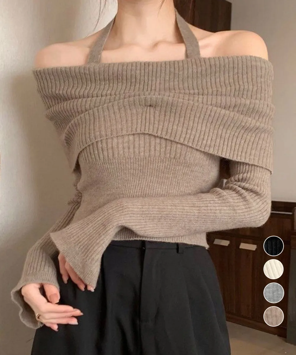 ホルターネックショートニットトップス フレア袖デザイン セクシーな肩開きスタイル 秋春向けレディースセーター