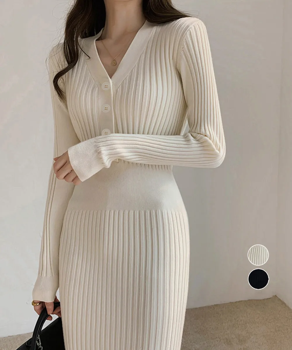 Vネック ストレッチ タイトニットロングワンピース｜ハイウエストリブデザインで美シルエット 春秋冬オフィスカジュアル