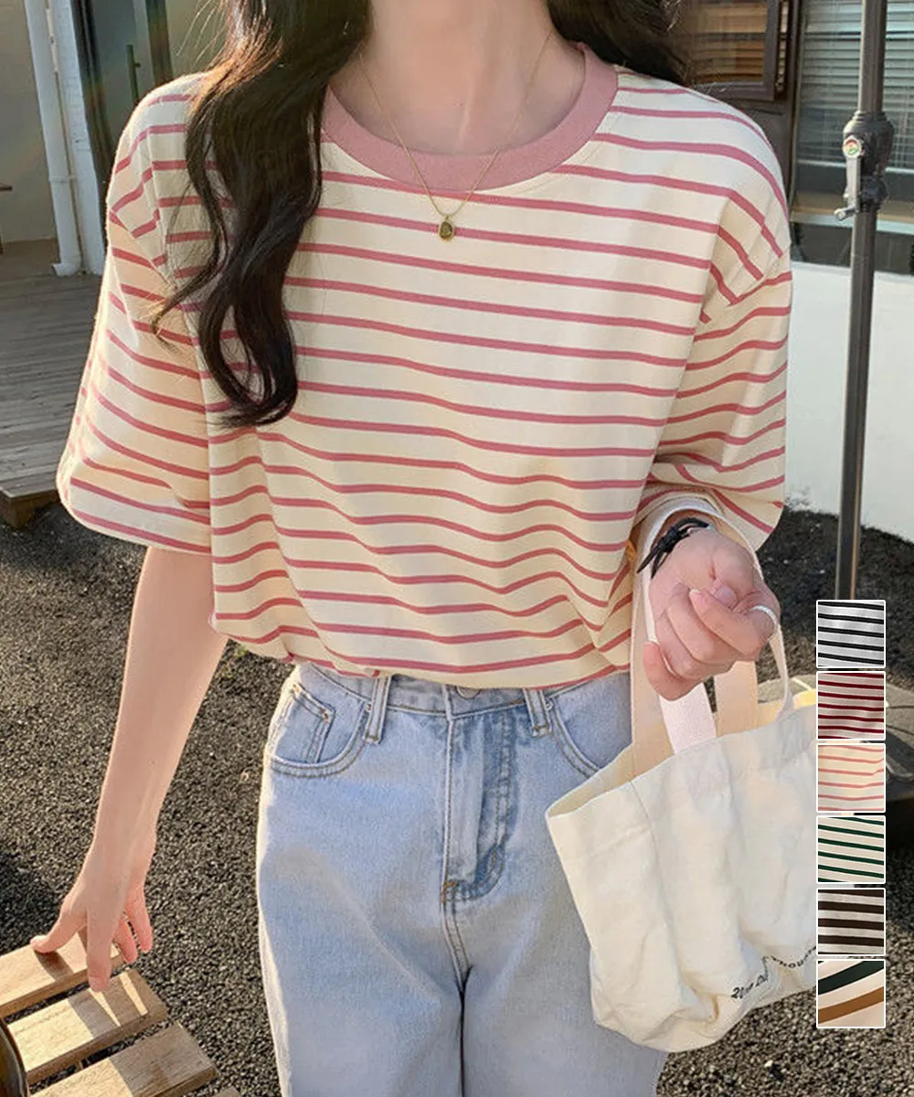 韓国風ボーダーTシャツ半袖レディース｜着やせデザイン・ゆったりシルエット・配色カジュアルトップス