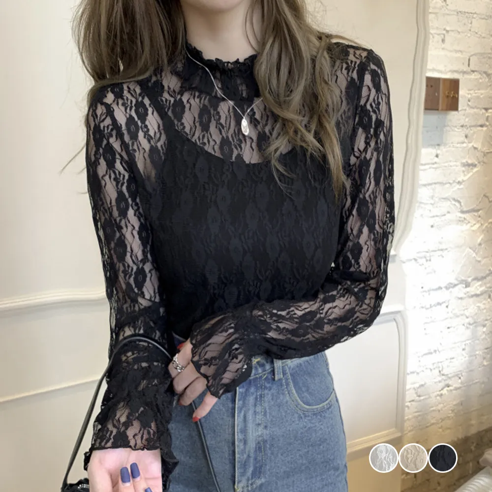 レースフリルブラウス レディース シースルー 花柄プチハイネック 重ね着もOK 上品かわいい
