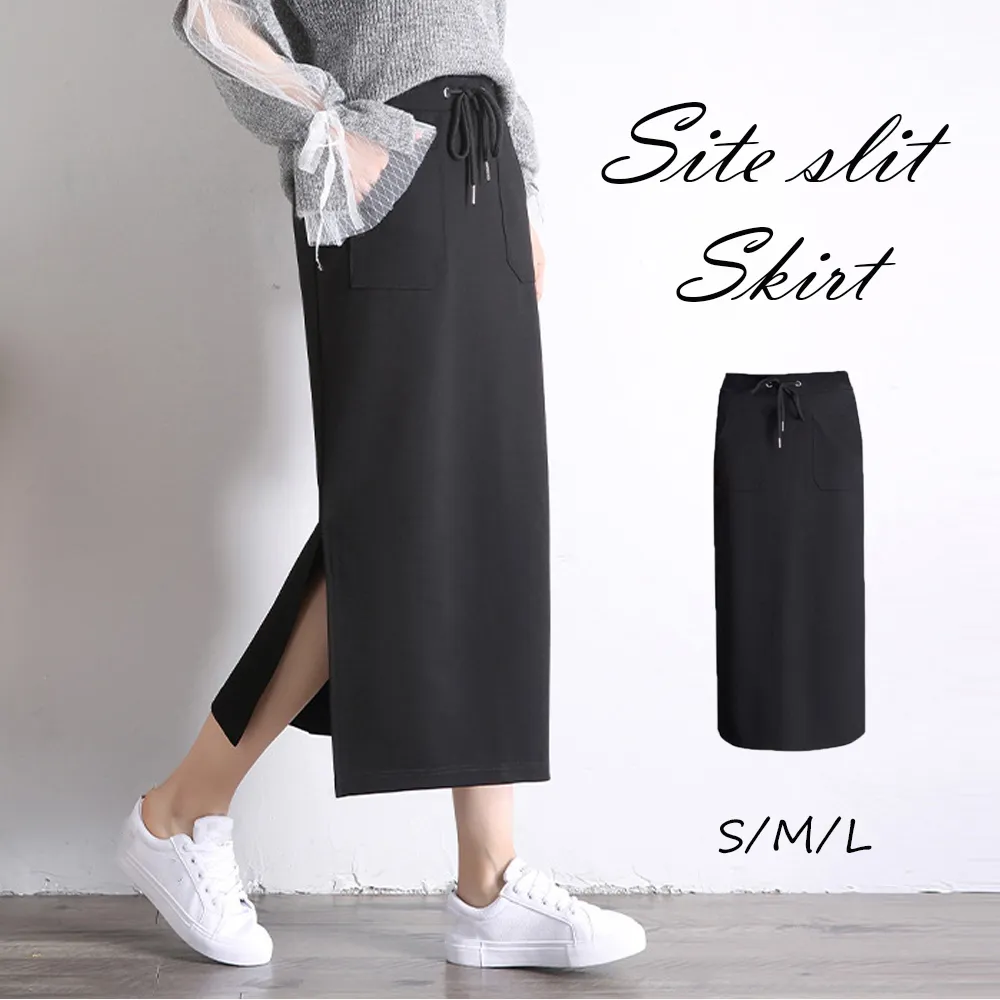 美脚効果 スリット入りロングスカート ハイウエスト ストレッチ ポケット付き ミモレ丈