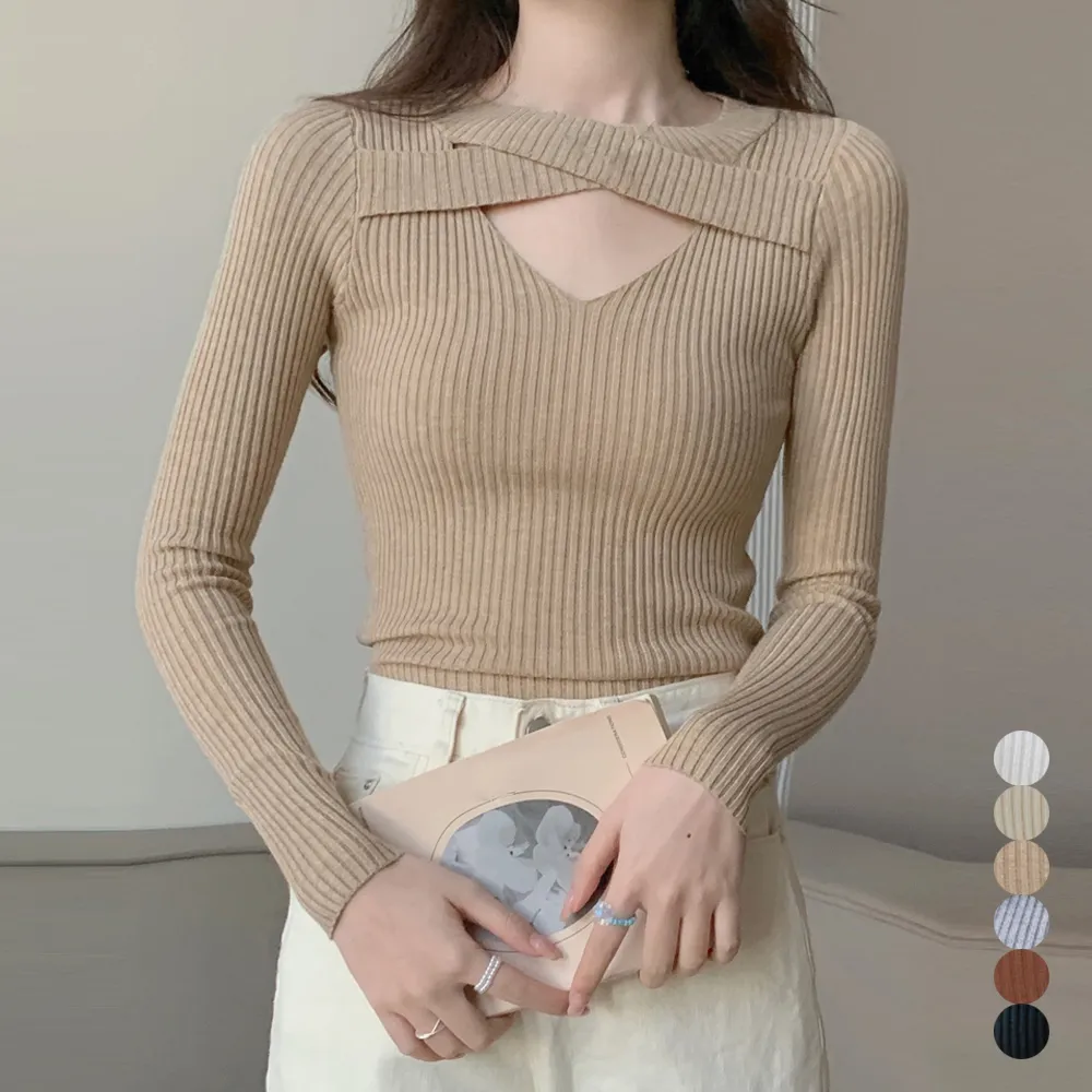 フロントクロスリブニット韓国風セーター レディース着やせセクシーデザイン 長袖胸開きトップス 春秋向け