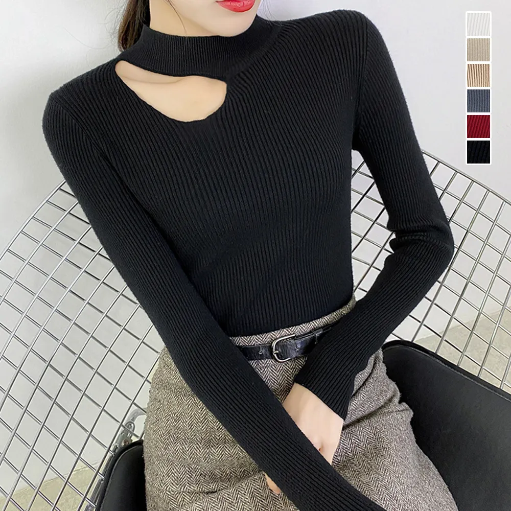 セクシーなデコルテカットリブニットトップス｜大人秋服 着やせ効果の長袖ニットプルオーバー
