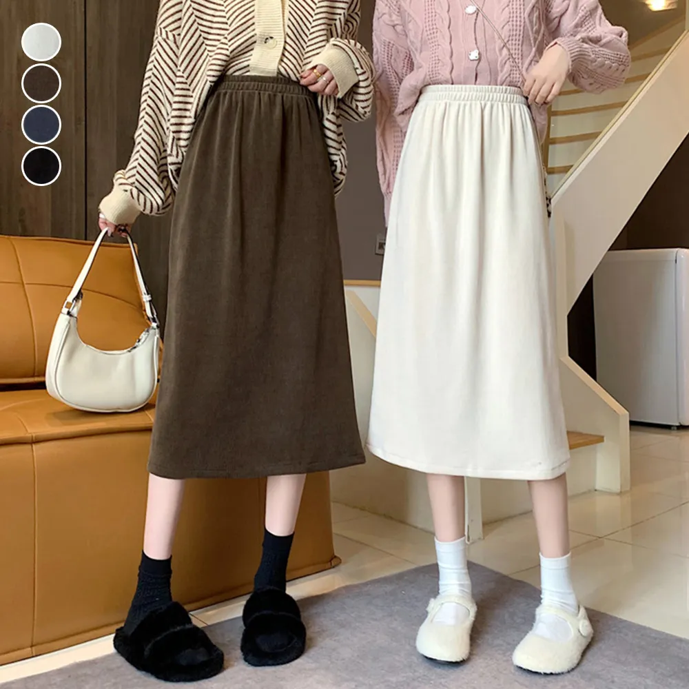 秋冬コーデュロイバックスリットスカート レディースハイウエスト ウエストゴム 着やせ効果 ミモレ丈タイトスカート
