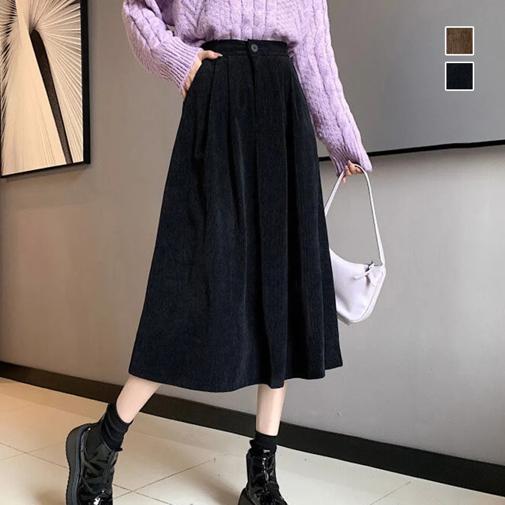 ハイウエストコーデュロイスカート 秋冬の美脚フレアスカート ミモレ丈で大人女子に最適