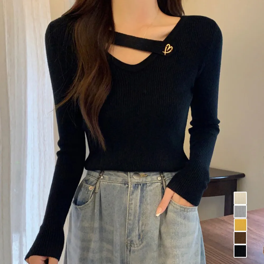 Vネック リブニットトップス 大人秋服 着やせ 長袖タイトニット レディースカジュアル シンプルきれいめ