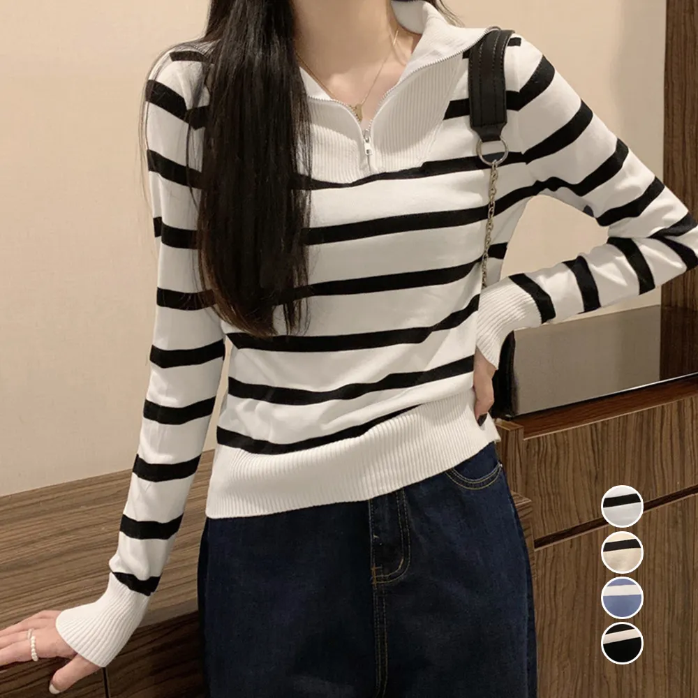 洗練された大人カジュアル ハーフジップボーダーニットプルオーバー 韓国風着回し可能 春秋冬向けリブセーター