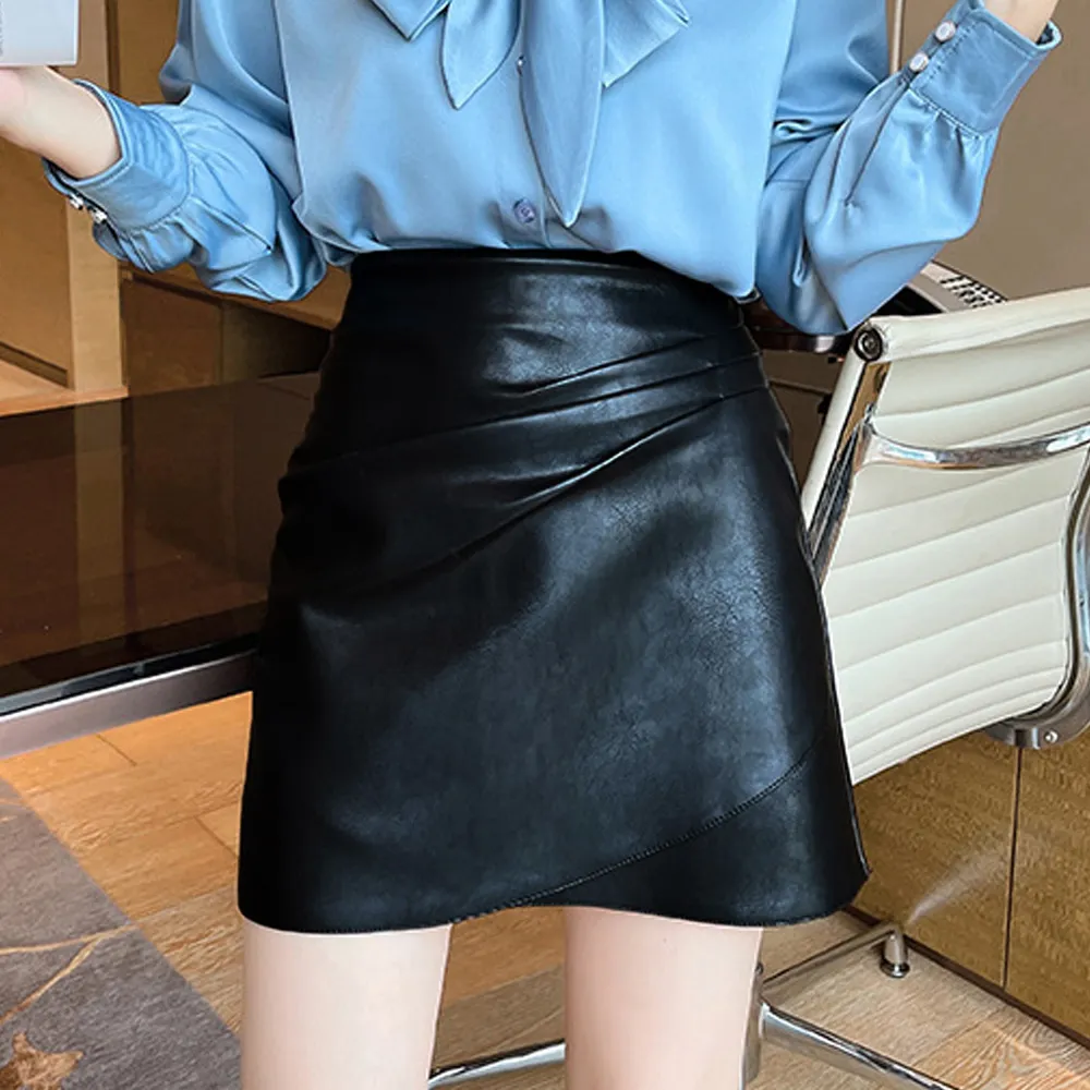 PUレザー美脚ハイウエストミニスカート｜春秋冬着やせデザイン大人可愛い韓国風ボトムス - ブラック/アイボリー/ブラウン