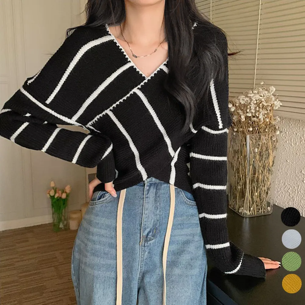 大人カジュアル クロスニットトップス カシュクール風 ボーダー柄 レディース ニットソー Vネック 肩だし ショート丈 着やせ