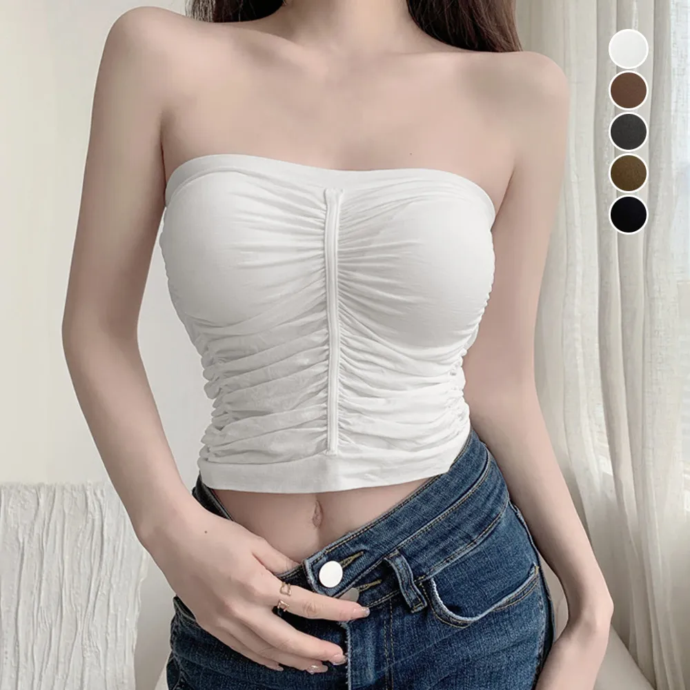 カップ付きノンワイヤーチューブトップ オフショルダーインナーにも使えるストレッチベアトップ 春夏肌見せトップス