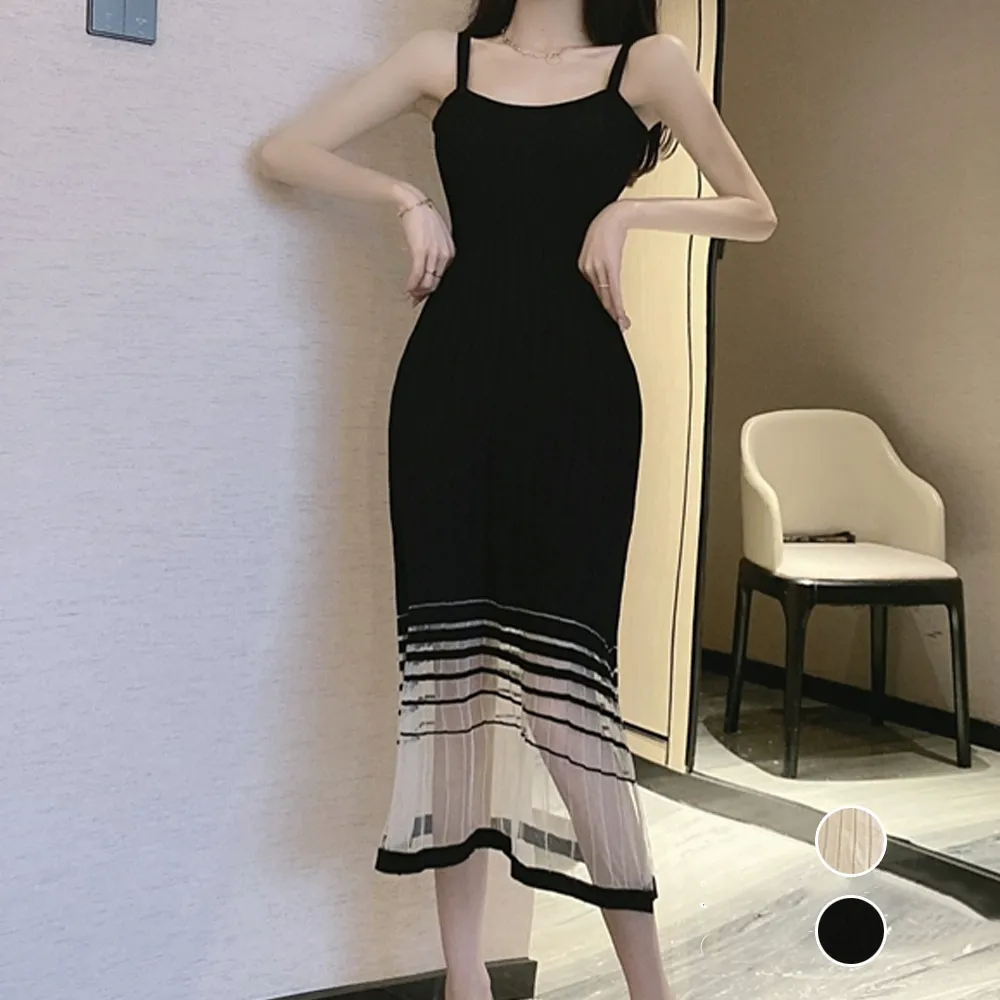 キャミニットワンピース レディース夏用ノースリーブAラインシルエットで着やせ効果 シースルー裾が魅力の韓国風カジュアルドレス