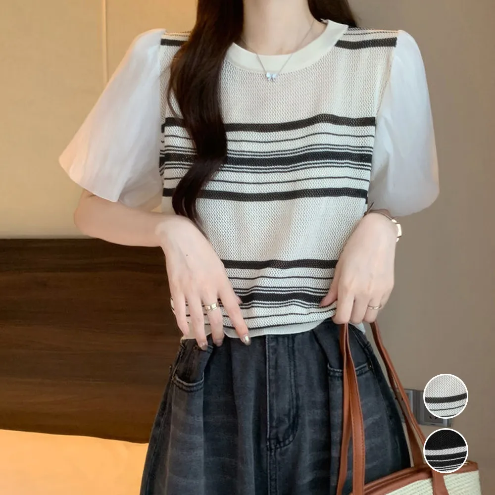 サマーニット異素材切り替えトップス｜透け感シフォン袖と着やせ効果の夏向けオシャレニットソー