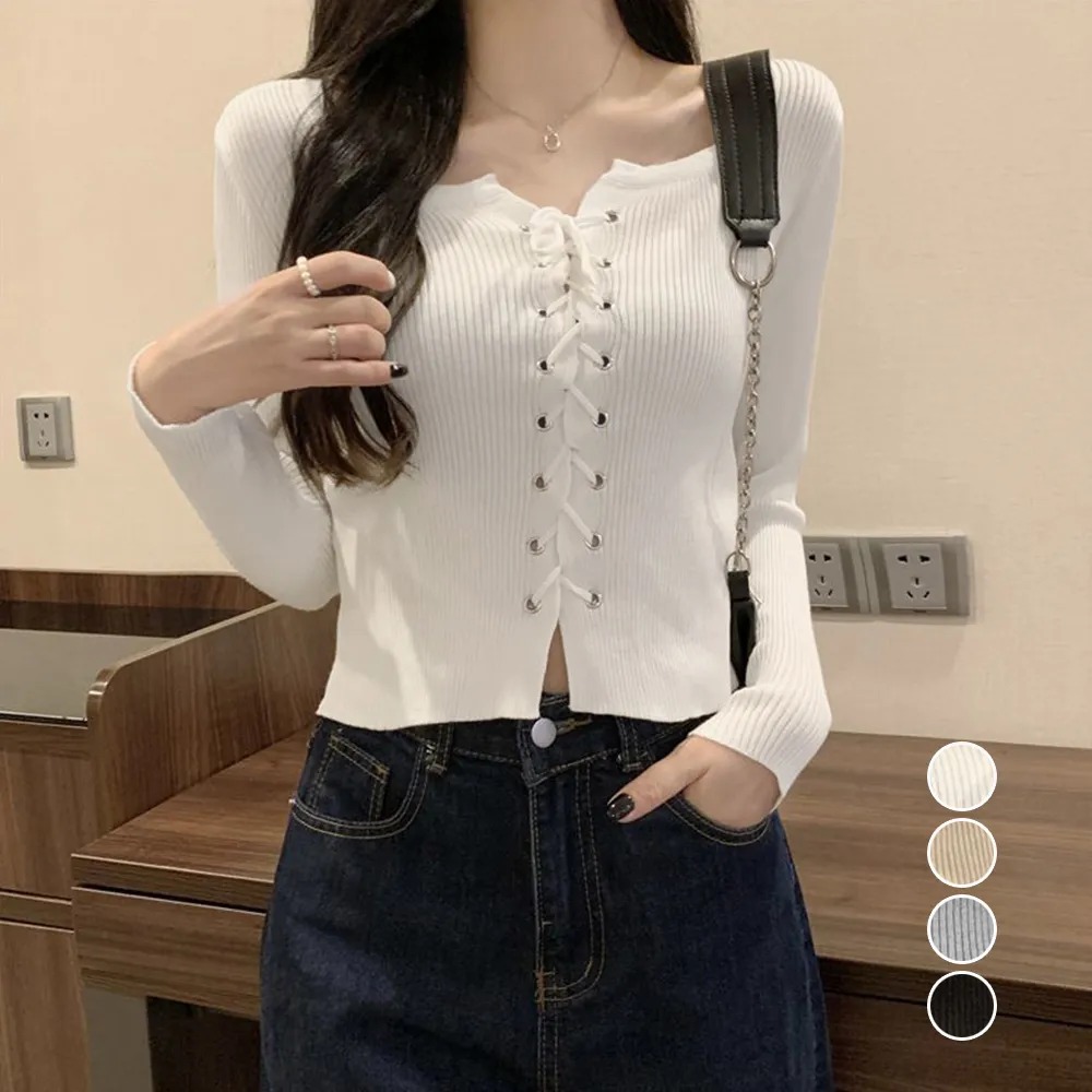 ニットトップス フロントレースアップ秋服 レディース リブ編み 着やせ ショート丈 薄手 長袖 ブラック/ホワイト/グレー/ベージュ
