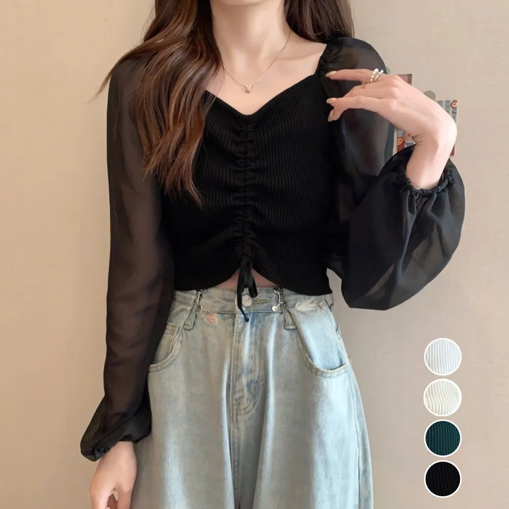 韓国風ニットトップス ドローストリング付き シフォン袖デザイン カジュアルきれいめ レディースショート丈ブラウス
