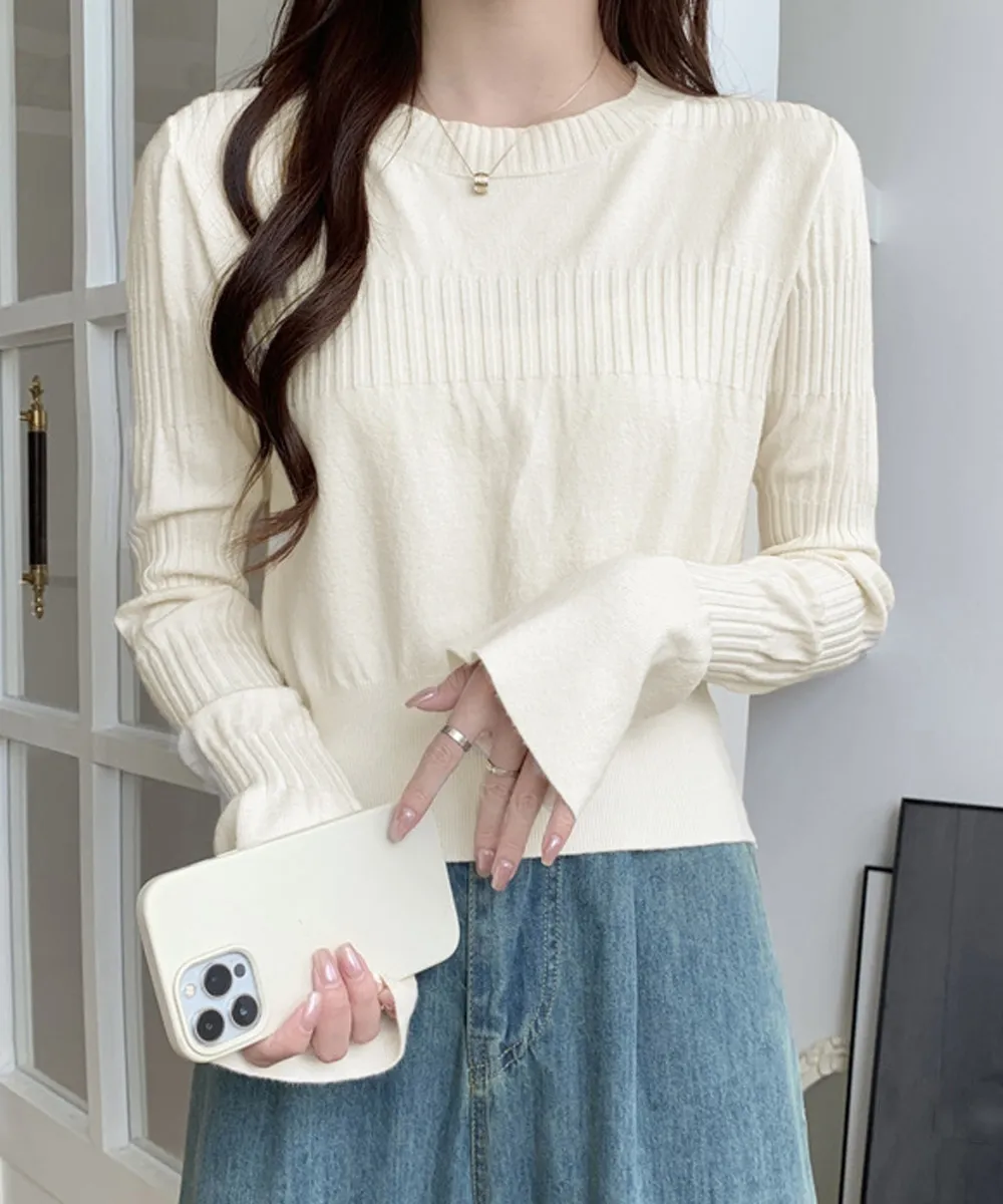 ベルスリーブニットトップス レディース秋服 韓国風長袖ニット クルーネック着やせリブセーター ストレッチ素材で快適普段着