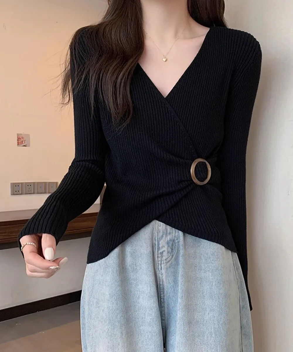 リブニット カシュクール風ニットトップス Vネック 着やせ ワンポイントリング ポリエステル65%+アクリル35% 大人カジュアル