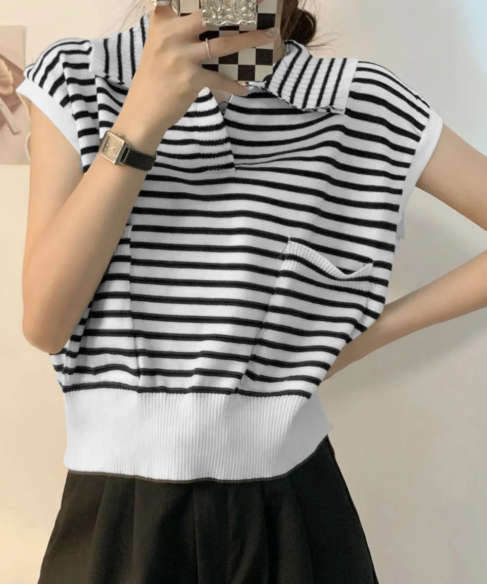 レディース夏用ボーダーポロニットソー | フレンチスリーブで着やせ効果・ポケット付きカジュアルトップス
