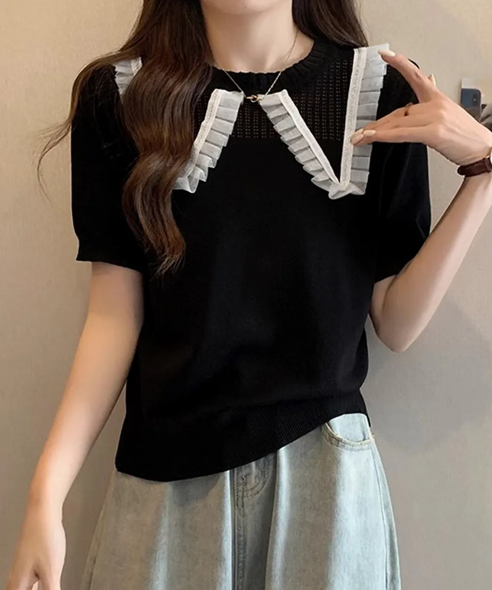 【大人可愛い】韓国風きれいめニットトップス クールネック半袖レース付きオフィスカジュアル サマーニットソー