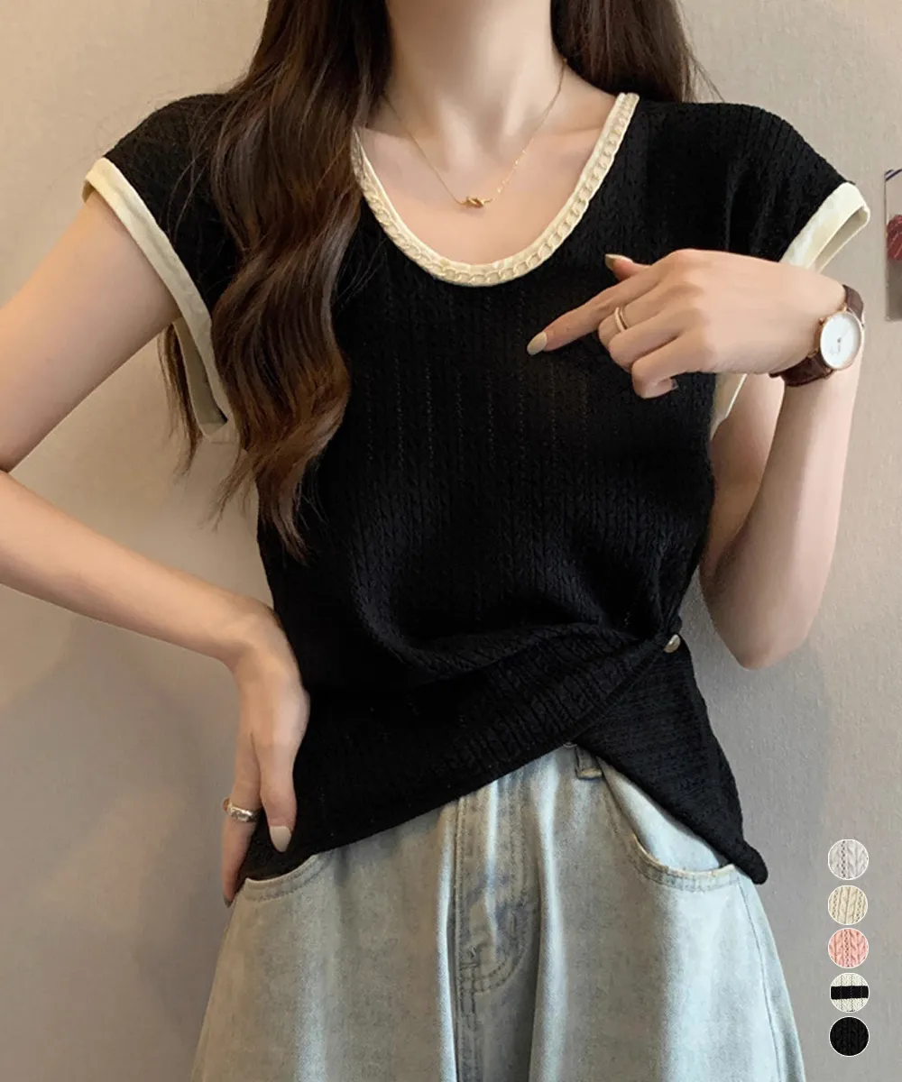 ニットTシャツ フレンチスリーブ 配色デザイン 着回しやすい カジュアルトップス 韓国風 春夏コーデ