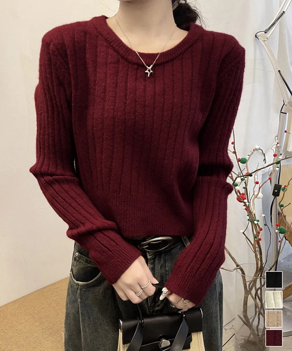 リブニットトップス 長袖 チュニック クルーネック 柔らかい素材 きれいめ 着回し [ブラック/ライトベージュ/ダークベージュ/ワインレッド] ワンサイズ
