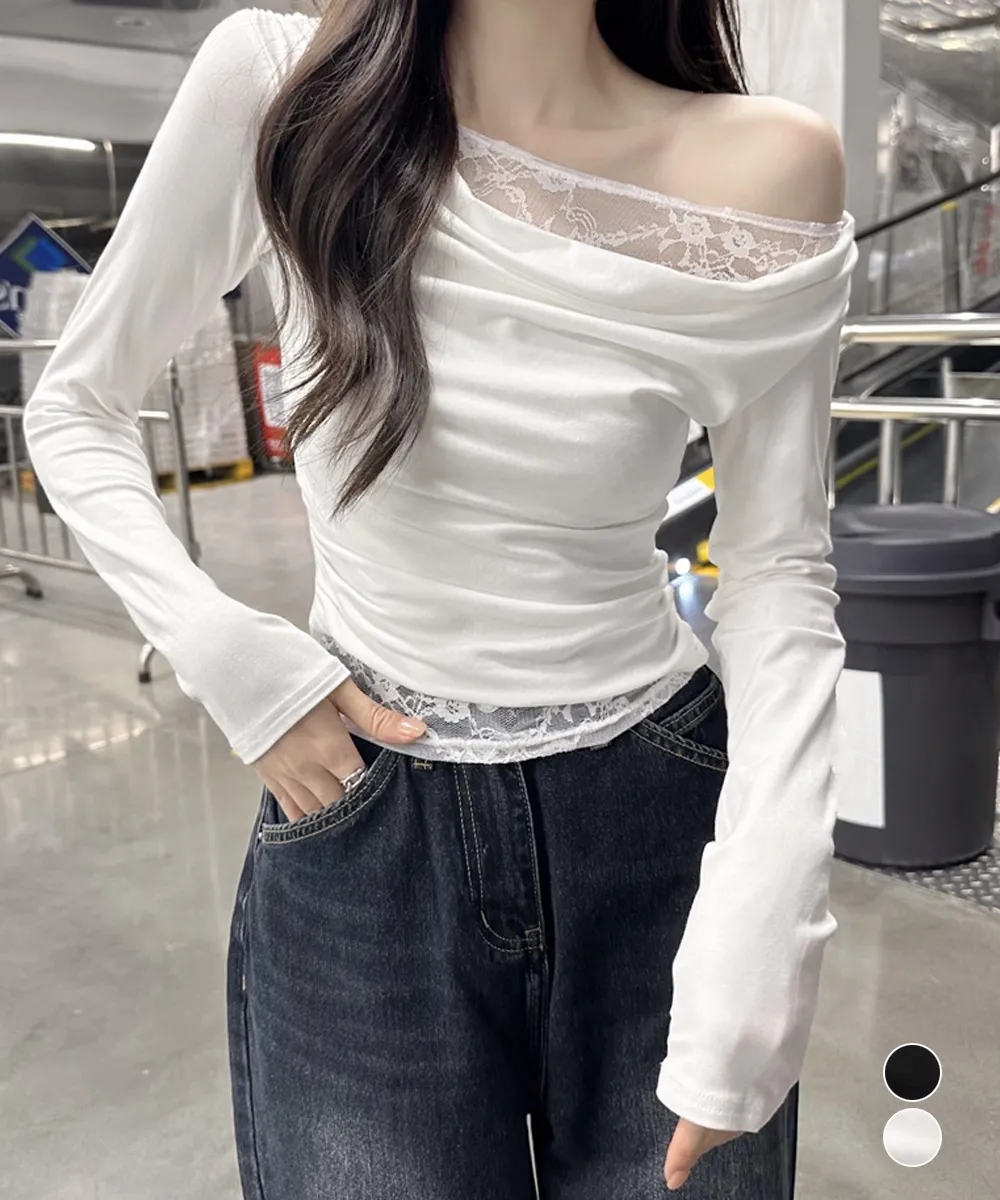 レース長袖Tシャツ レディース薄手 オフショルダー アシンメトリー レイヤード風 大人可愛い