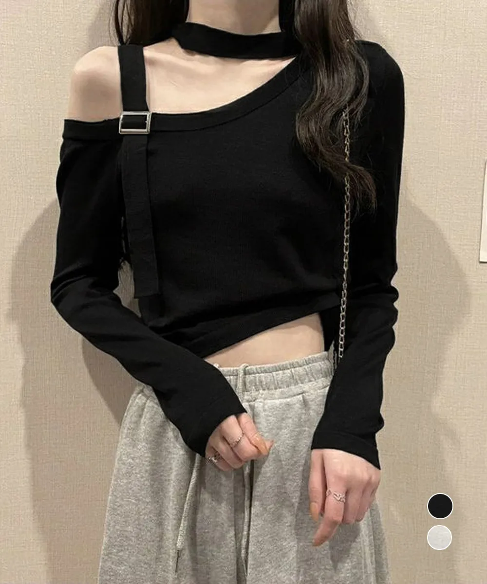 チョーカー風無地肩出しトップス レディース アシンメトリー長袖ショート丈カットソー セクシー肌見せデザイン 春夏コーデ ショート丈でスタイルアップ ポリエステル綿混素材