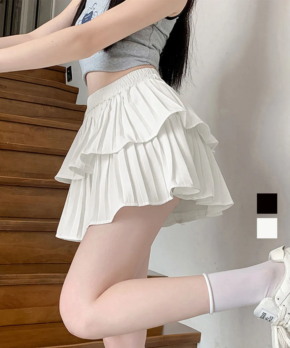 フリルティアードミニスカートハイウエスト｜インナーパンツ付きで安心・Aラインシルエットで美脚効果｜春夏向けガーリースタイル