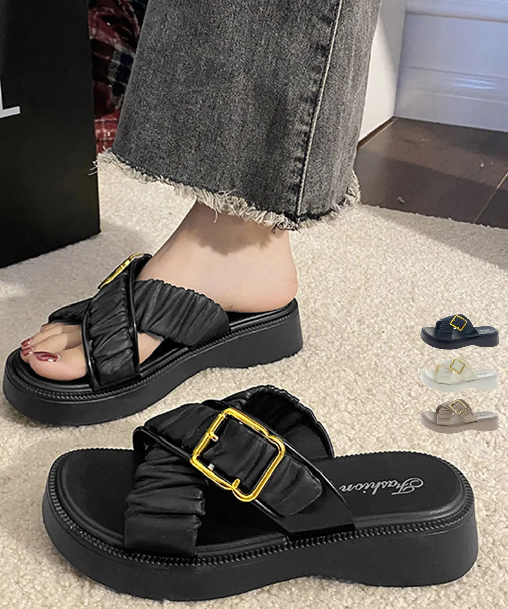 韓国風ギャザーベルト厚底サンダル｜レディース履きやすいクロスベルト美脚デザイン