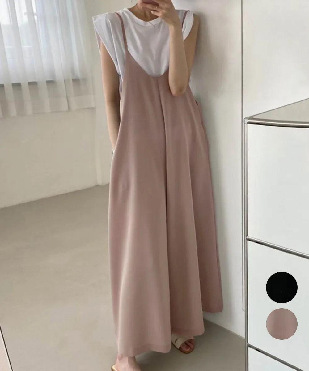 大人カジュアルVネックサロペットワイドパンツ オールインワン/体型カバー/楽ちん