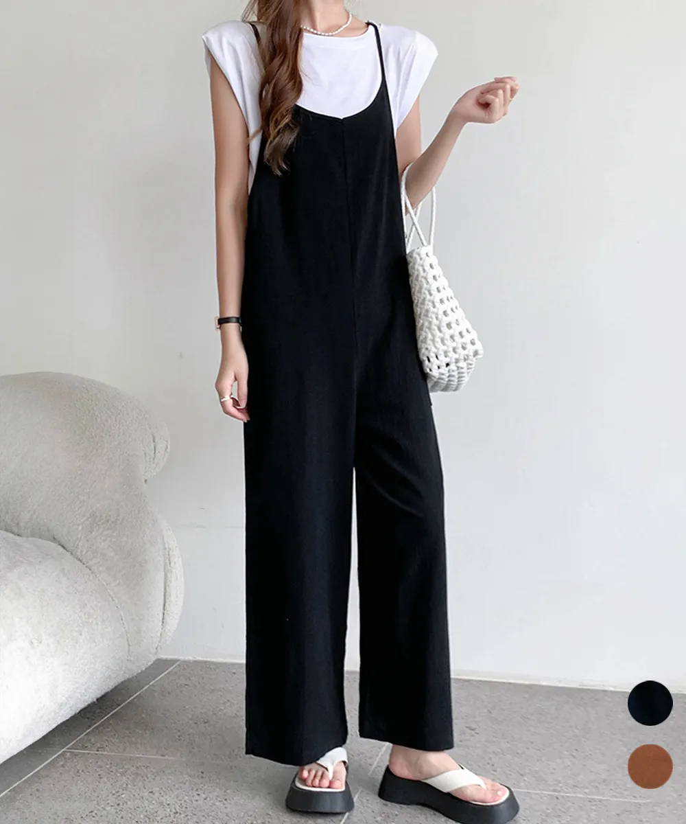 オールインワンサロペットパンツ 韓国風ワイドポケット付きハイウエスト体型カバー大人可愛い春夏おしゃれボトムス