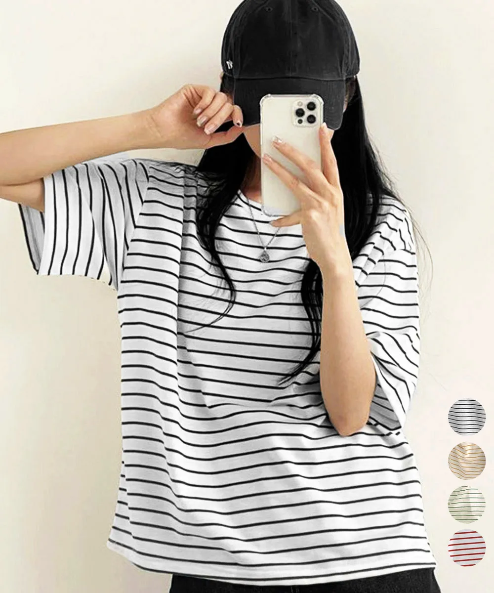 【韓国風】ボーダー柄Tシャツ レディース 半袖 夏服 ゆったり体型カバー 着心地抜群 配色デザイン