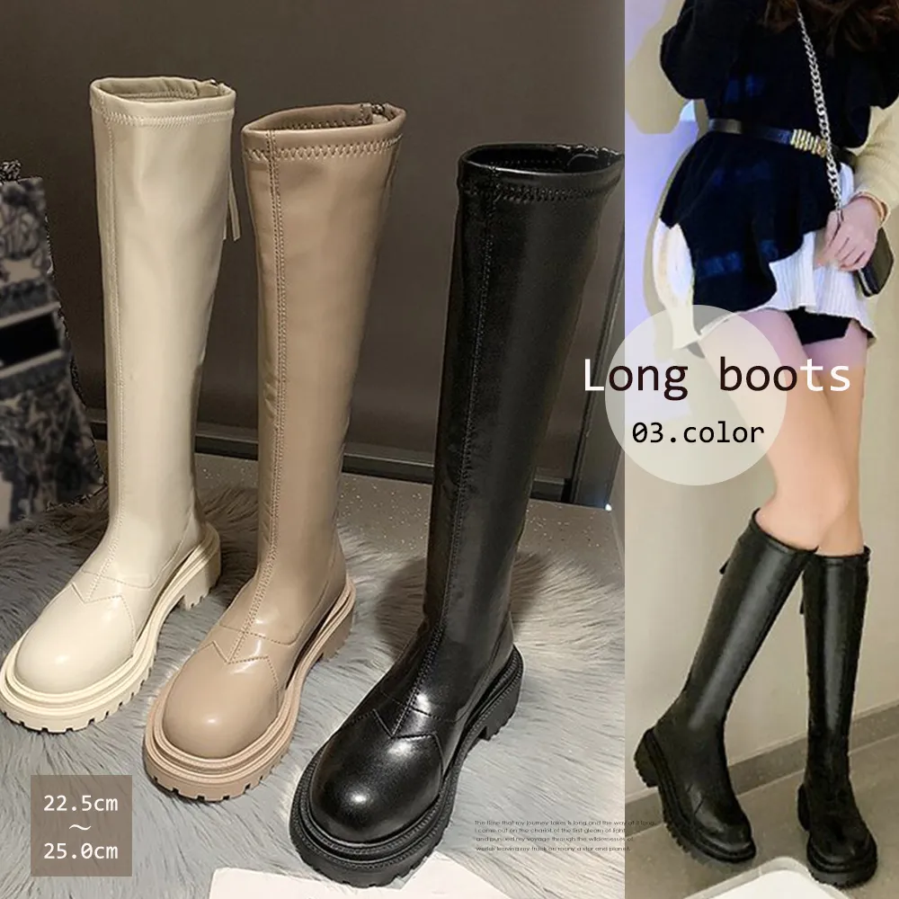 ロングブーツ レディース 韓国風 PU素材 厚底 コンフォートヒール 美脚 疲れないシューズ | ブラック/モカ/アイボリー 22.5cm-25cm