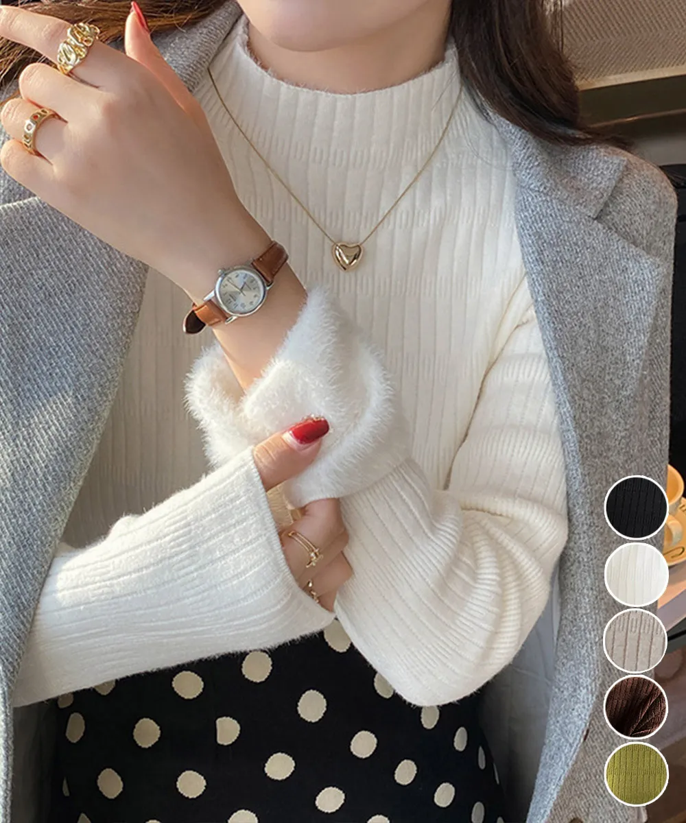 裏起毛プチハイネックニットトップス厚手で保温♪チクチクしない長袖ニットインナー｜レディースベーシックセーター