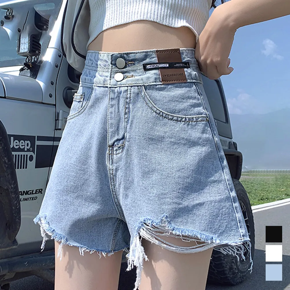 【韓国風】ダメージ加工ハイウエストデニムショートパンツ | カットオフデザインで美脚効果