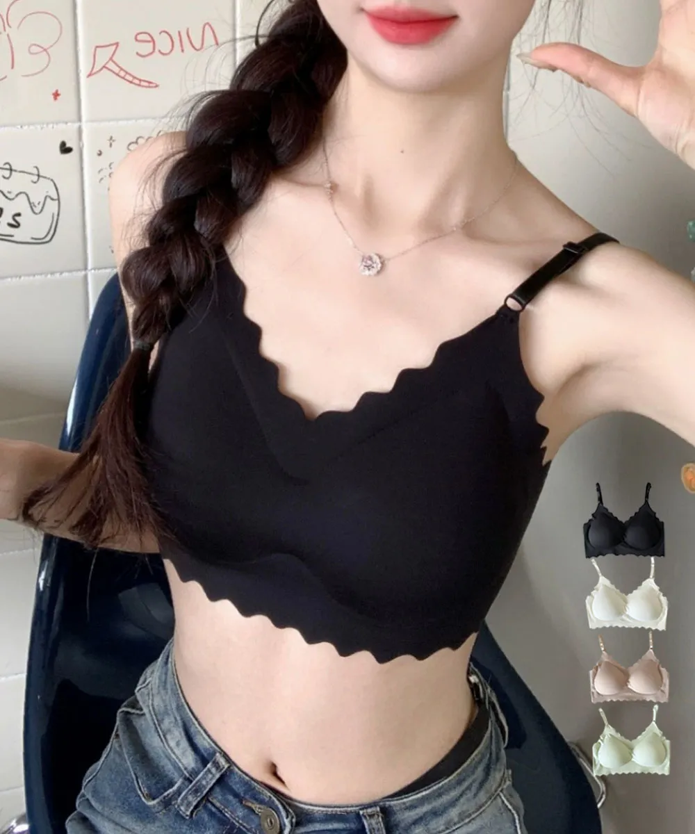 ノンワイヤー冷感ブラレット スカラップデザイン美胸キープ｜フィットネス・日常用 蒸れにくい快適下着【ブラック/アイボリー/モカ/ミント】
