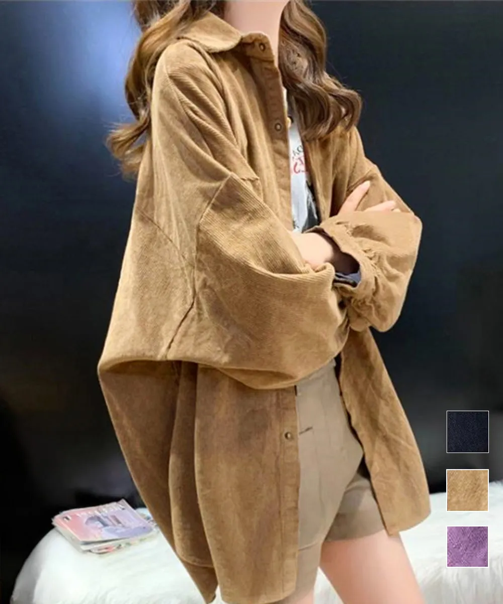 コーデュロイロングシャツ レディース秋冬向けドロップショルダー長袖チュニック ゆったり体型カバー羽織り