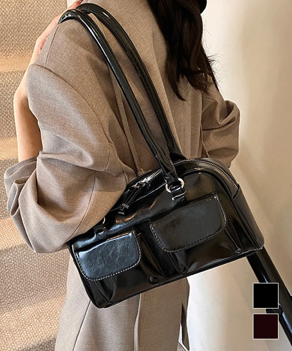 ロングハンドル肩掛けバッグ レディース ツヤ感PUレザーハンドバッグ 韓国風マルチポケット 大容量収納 黒/ダークブラウン