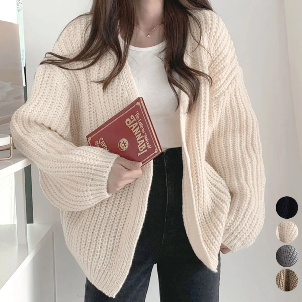 ニットカーディガン レディース ボレロ風 韓国スタイル ゆるニット 体型カバー ボリューム袖 春秋アウター 大人カジュアル
