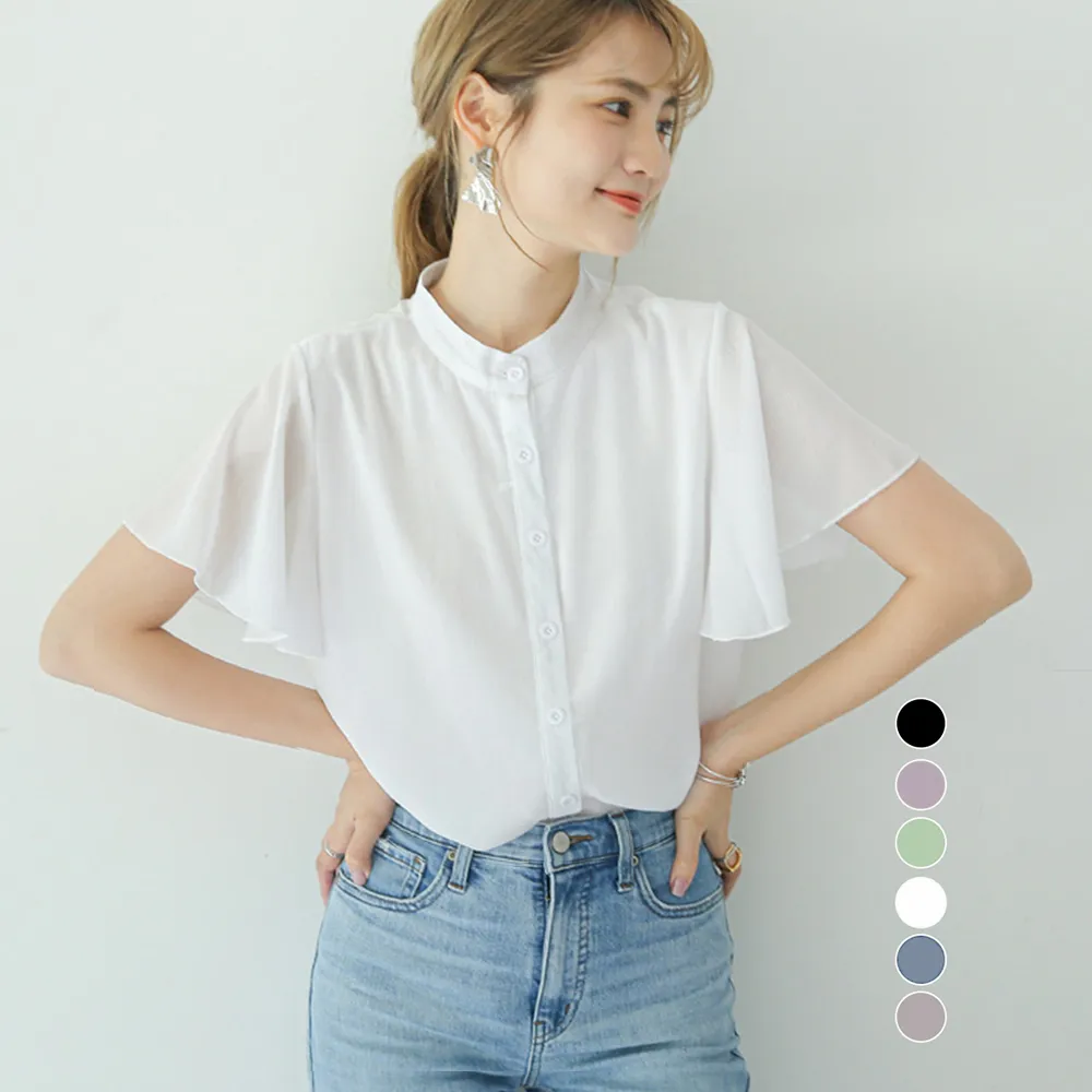 大人女性向けフレアー袖ブラウスバンドカラー｜オフィスカジュアルとろみシフォン着やせデザイン夏服半袖トップス