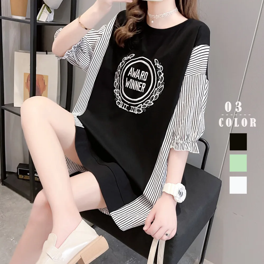 ロゴデザインチュニック 夏向けロングTシャツ 半袖 レディースビッグサイズ 体型カバー シャツブラウス イレギュラーヘム